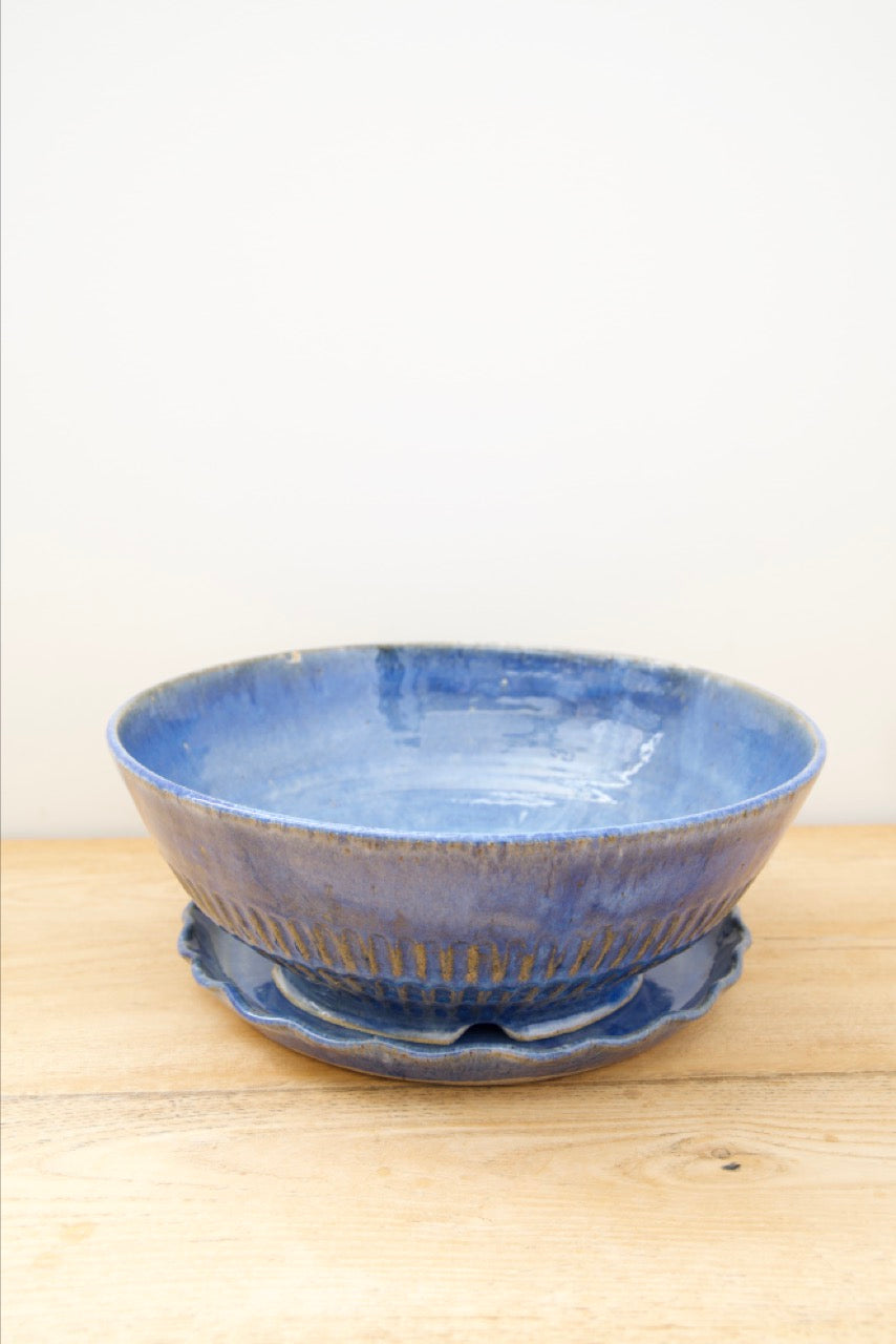 Large Blue Planter with Flower Plate Set | Decorative Ceramic Planter