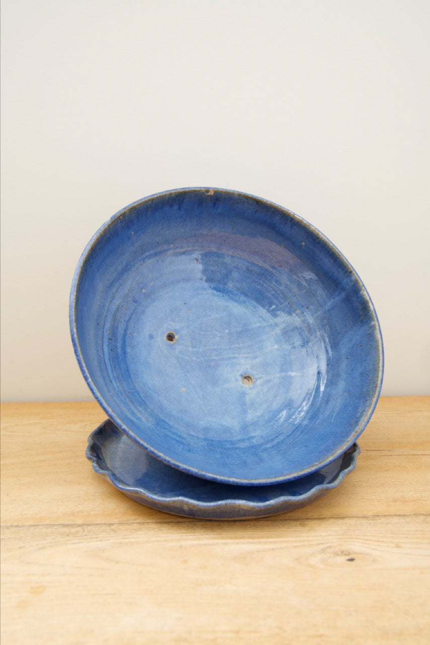 Large Blue Planter with Flower Plate Set | Decorative Ceramic Planter