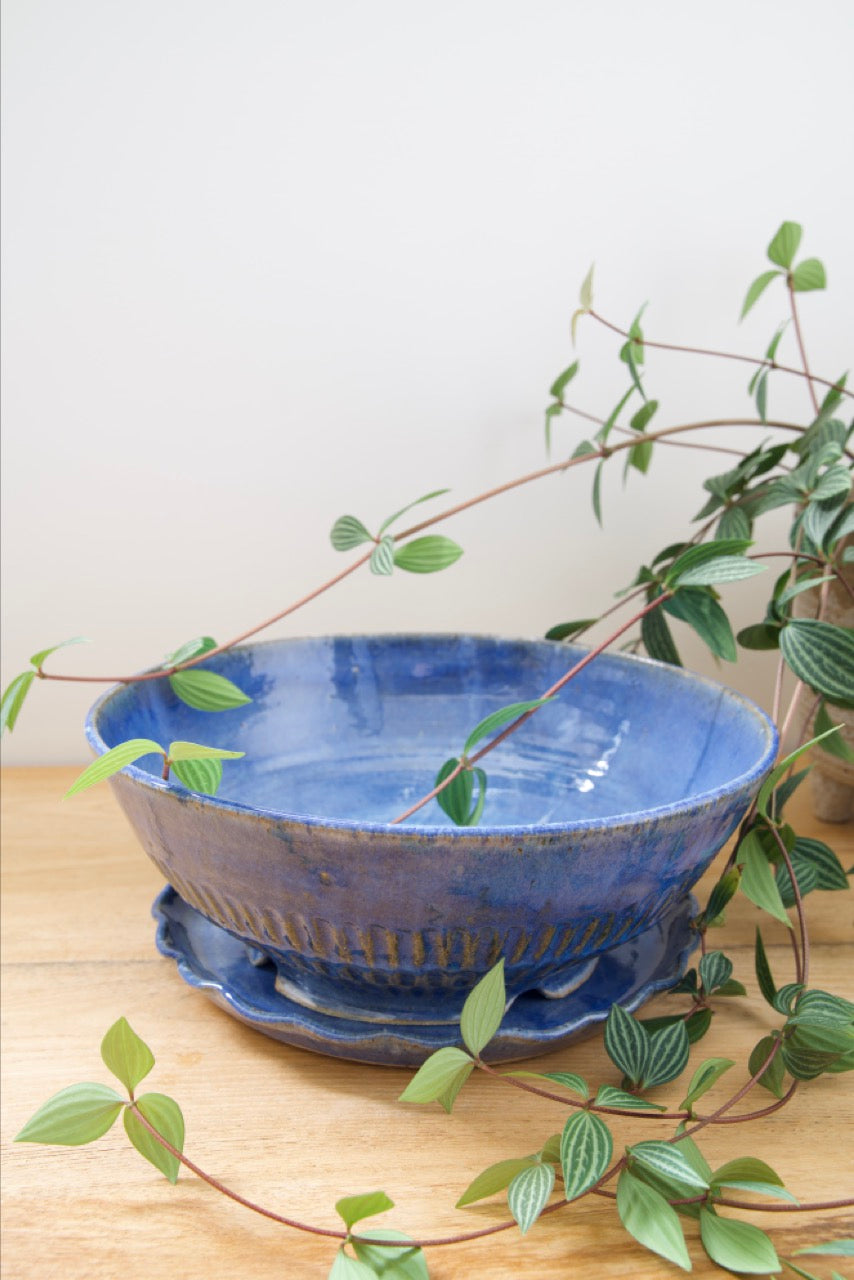 Large Blue Planter with Flower Plate Set | Decorative Ceramic Planter