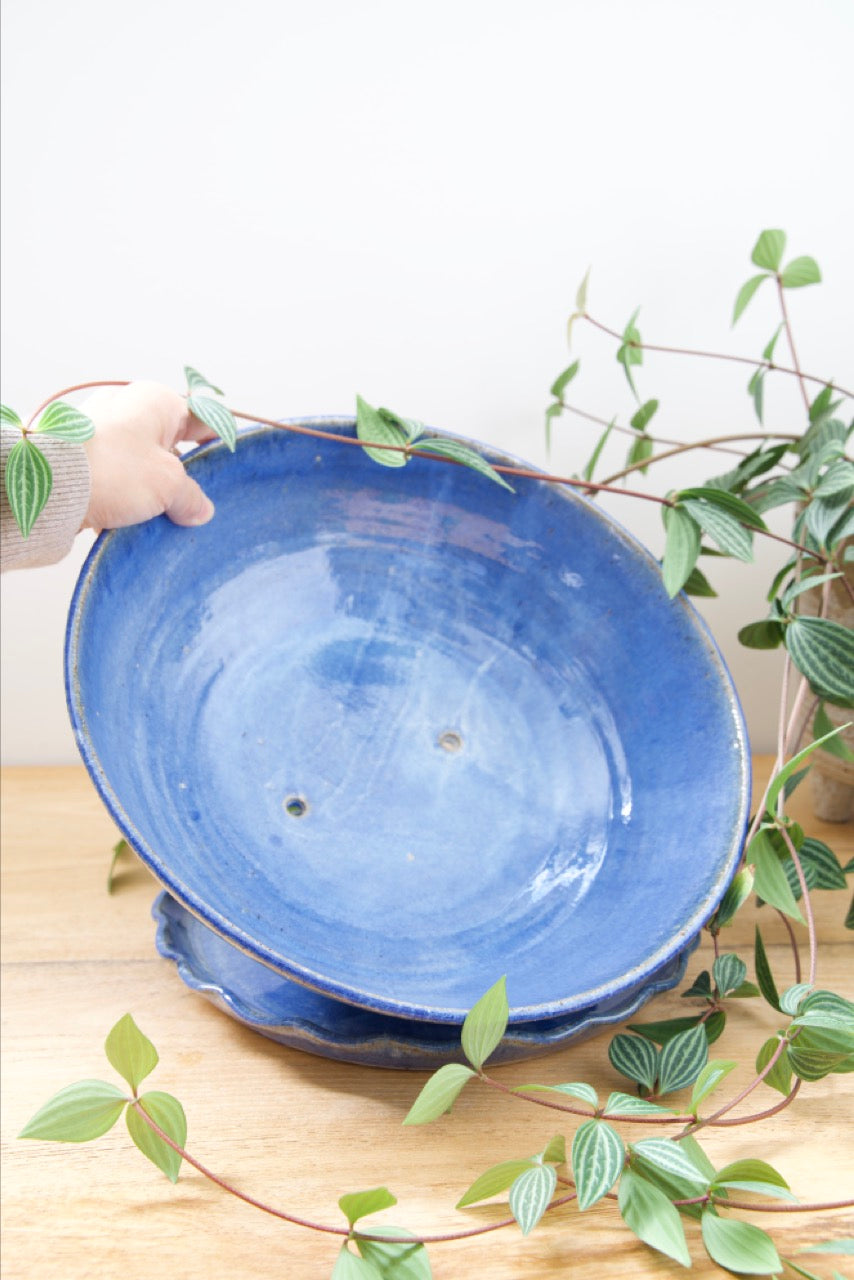 Large Blue Planter with Flower Plate Set | Decorative Ceramic Planter