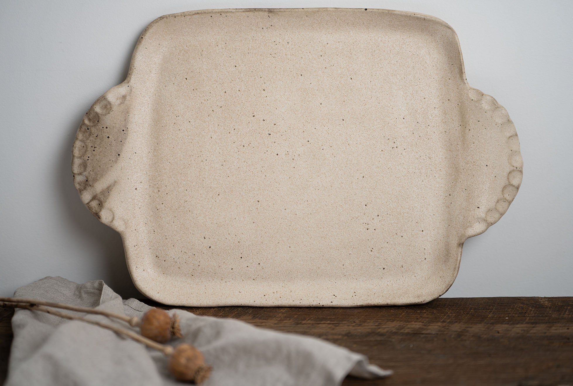 Sandstone square platter with handles