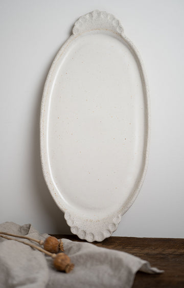 White speckled oval platter with handles